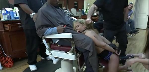  Bound sub anal fucked at barbershop